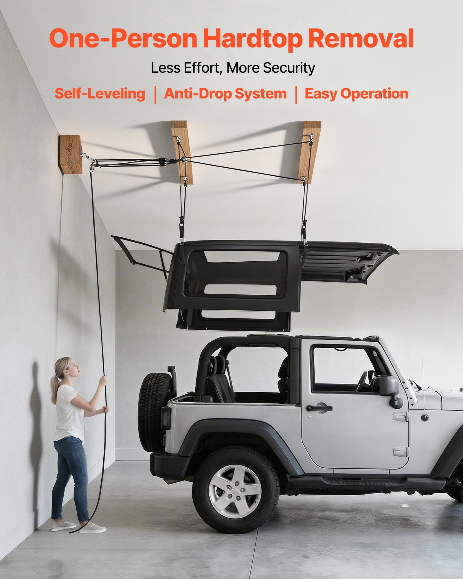 VEVOR Hard Top Remover Lift, 220 lbs, Jeep Hardtop Removal Storage Roof Hoist with Anti-Drop System, Easy One-Person Operation, Supports 8-16 in Ceiling,for 2-Door & 4-Door Jeep Wrangler JK JL & Ford