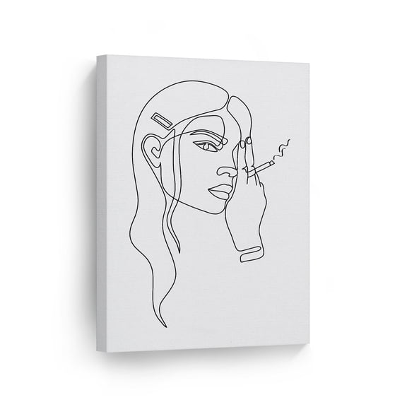 Smile Art Design Black and White One Line Minimalism Art Woman and Cigarette Drawing Painting Abstract Canvas Wall Art Print Office Living Room Bedroom Modern Home Decor Ready to Hang - 36x24