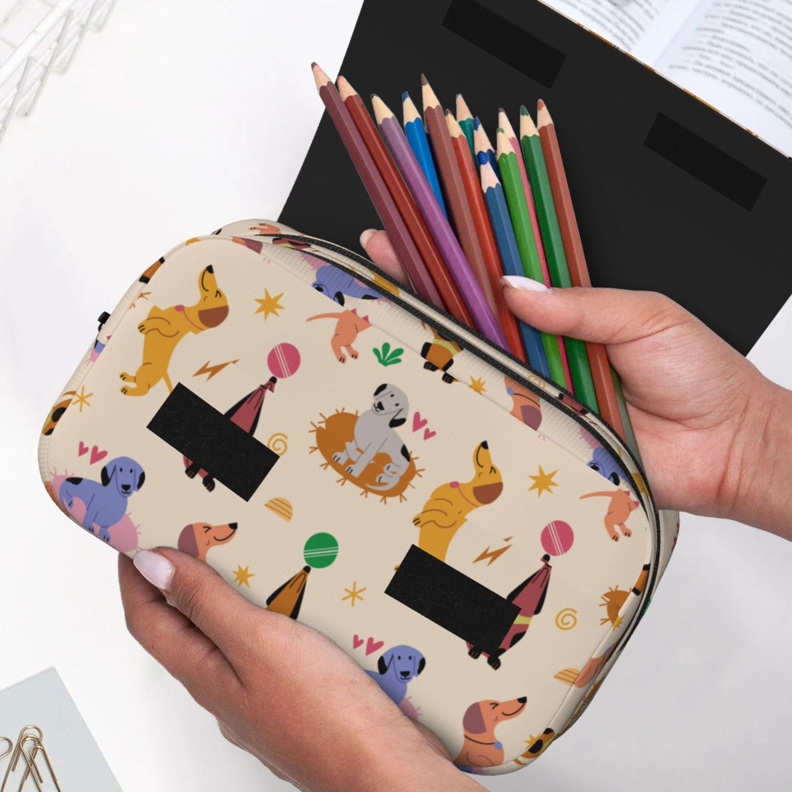 Rateoe Dogs In Different Poses Pattern Double Clamshell Pen Case, Storage Organizer with Two Zipper Compartments– Holds Up to 50 Pencils & Pens