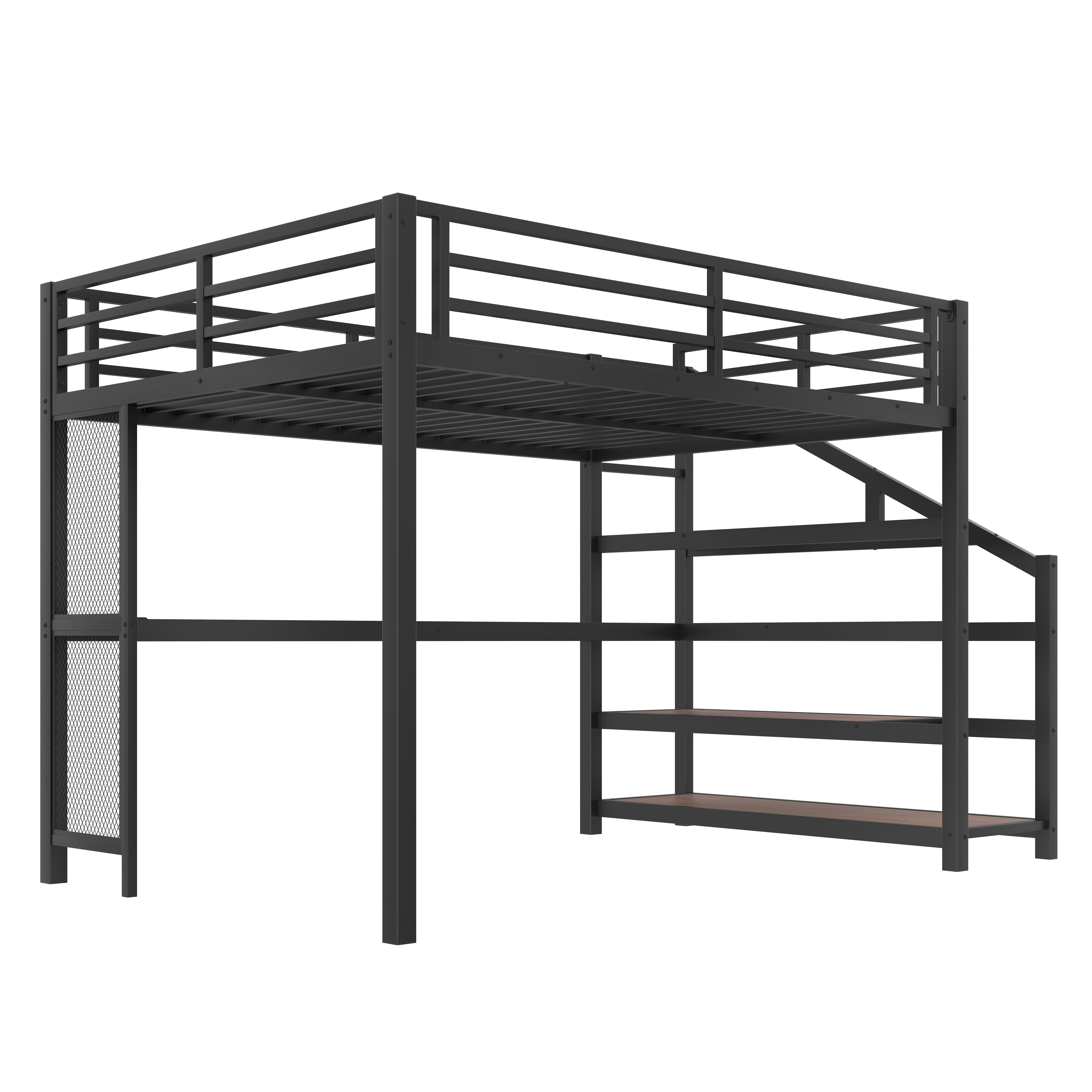 Mintazer Queen Loft Bed with LED Light & Desk and Charging Ports, Metal Loft Bed with Storage Shelves Stairs for Bedroom Playroom Game Room, Black
