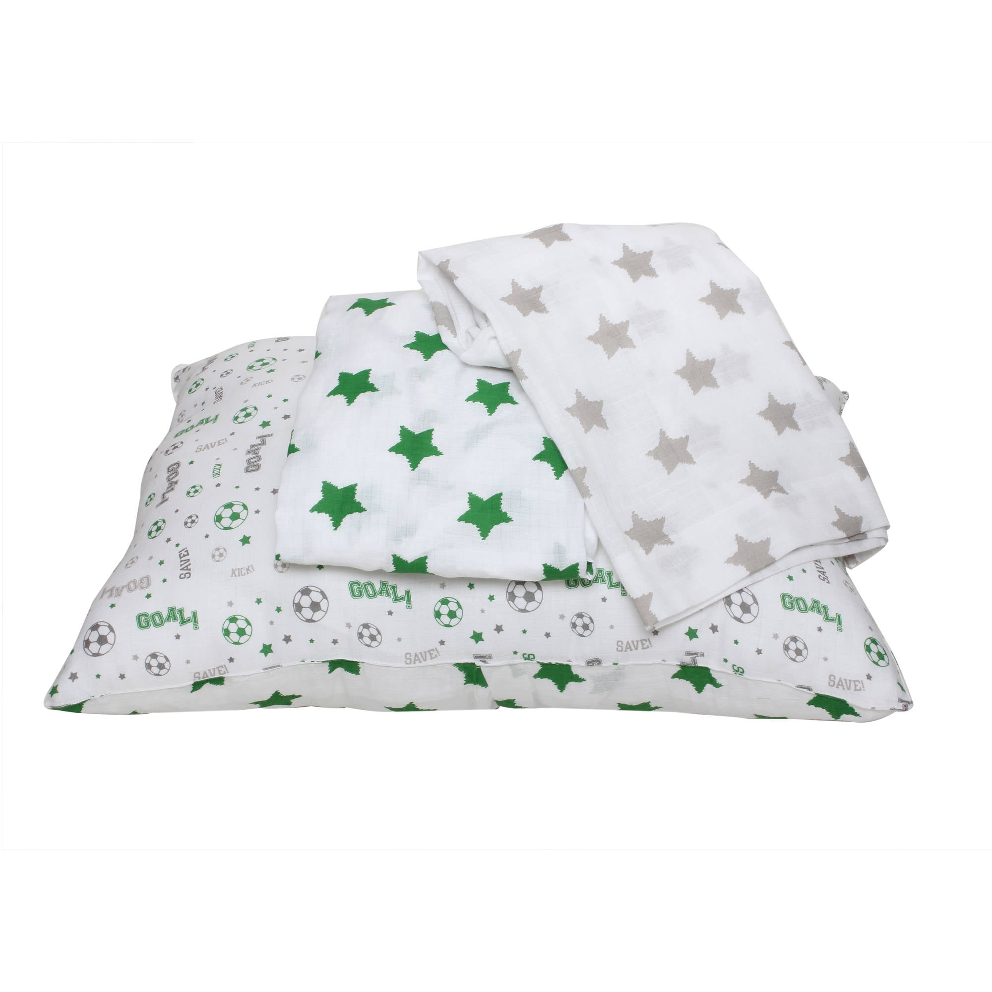 Bacati - Sports 100% Cotton breathable Muslin 3-Piece Toddler Bedding Sheet Set, Soccer Green/Grey