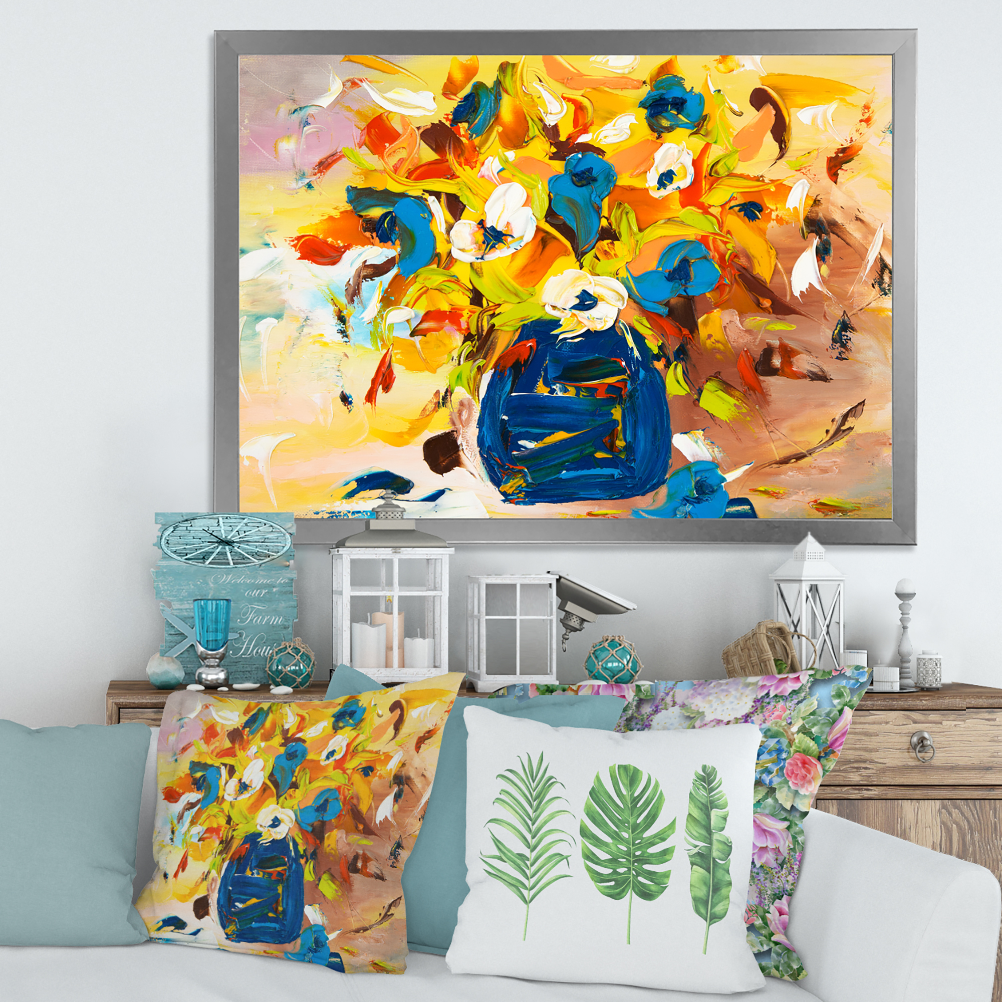 Designart 'A VIbrant Flower Bouquet In Blue and Yellow' Traditional Framed Art Print