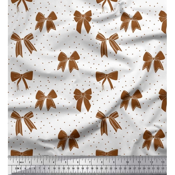 Soimoi Brown Heavy Satin Fabric Bow & Dots Print Fabric by the Yard 54 Inch Wide