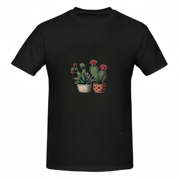 Colorful Hand - Drawn Potted Plants Graphic Tee for Women - Short Sleeve Cotton T-Shirt with Green Plants & Polka Dot Pots