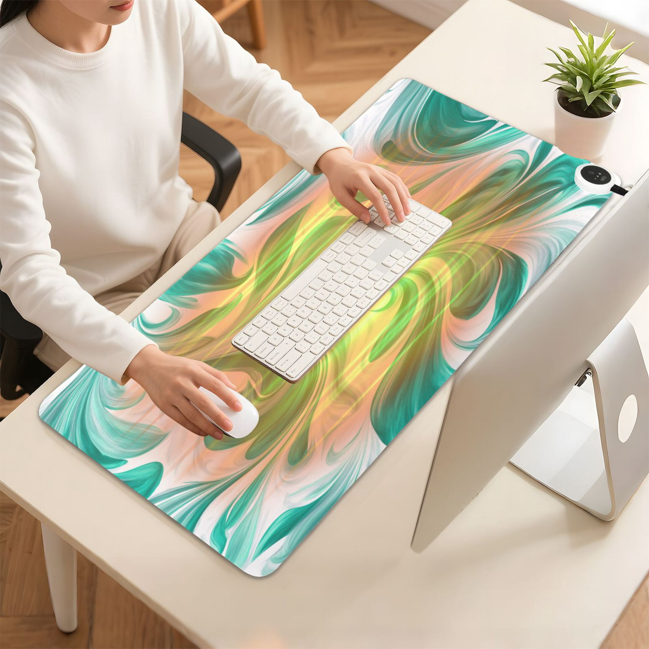Large Heated Desk Mat Mouse Pad 31.5"x13"PU Leather Graphene Heating Desk Warmer with 3 Temperature Settings 110V US Plug Non-Slip Warm Pad for Home, Office, and Gaming Jade Green Marble Pattern