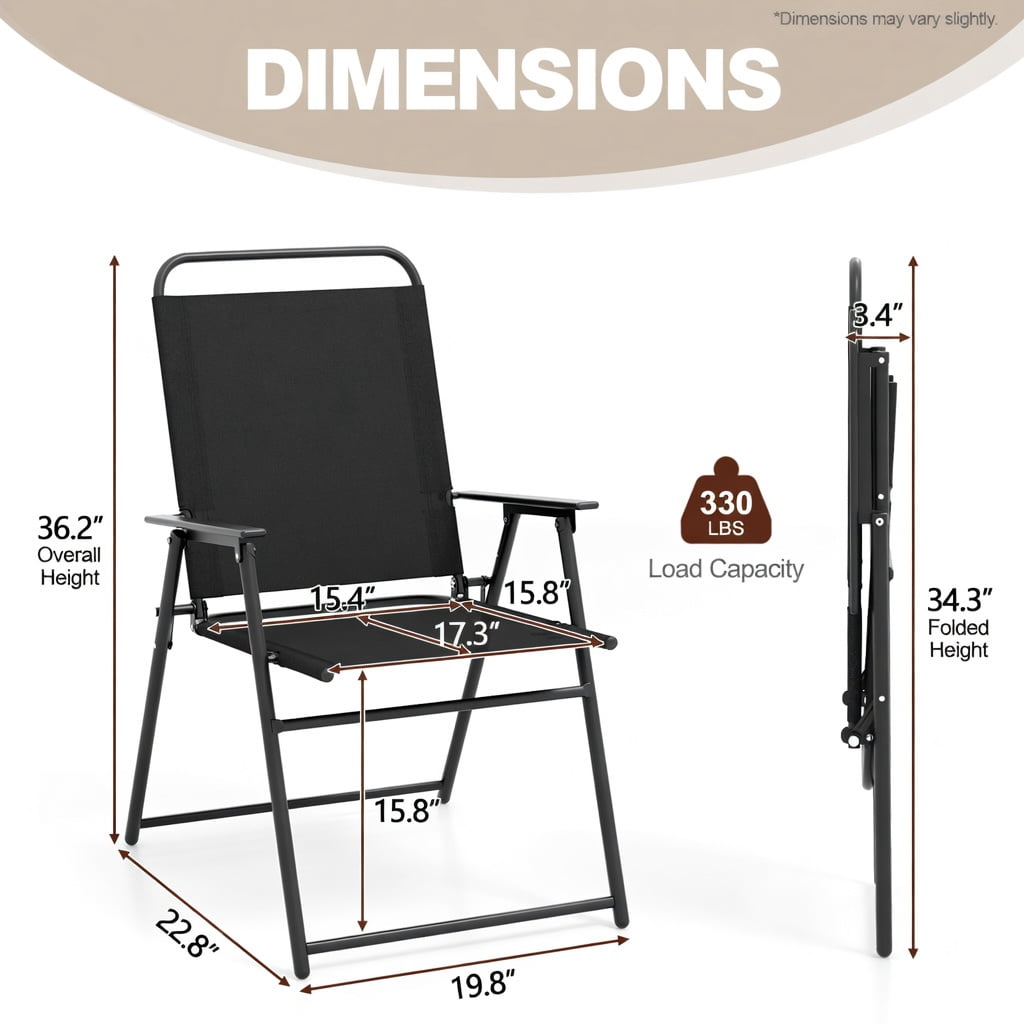 Hommoo 4-Piece Outdoor Folding Sling Chairs Set, Heavy-Duty Steel Frame, Ergonomic Armrests & Quick-Dry Fabric, Black