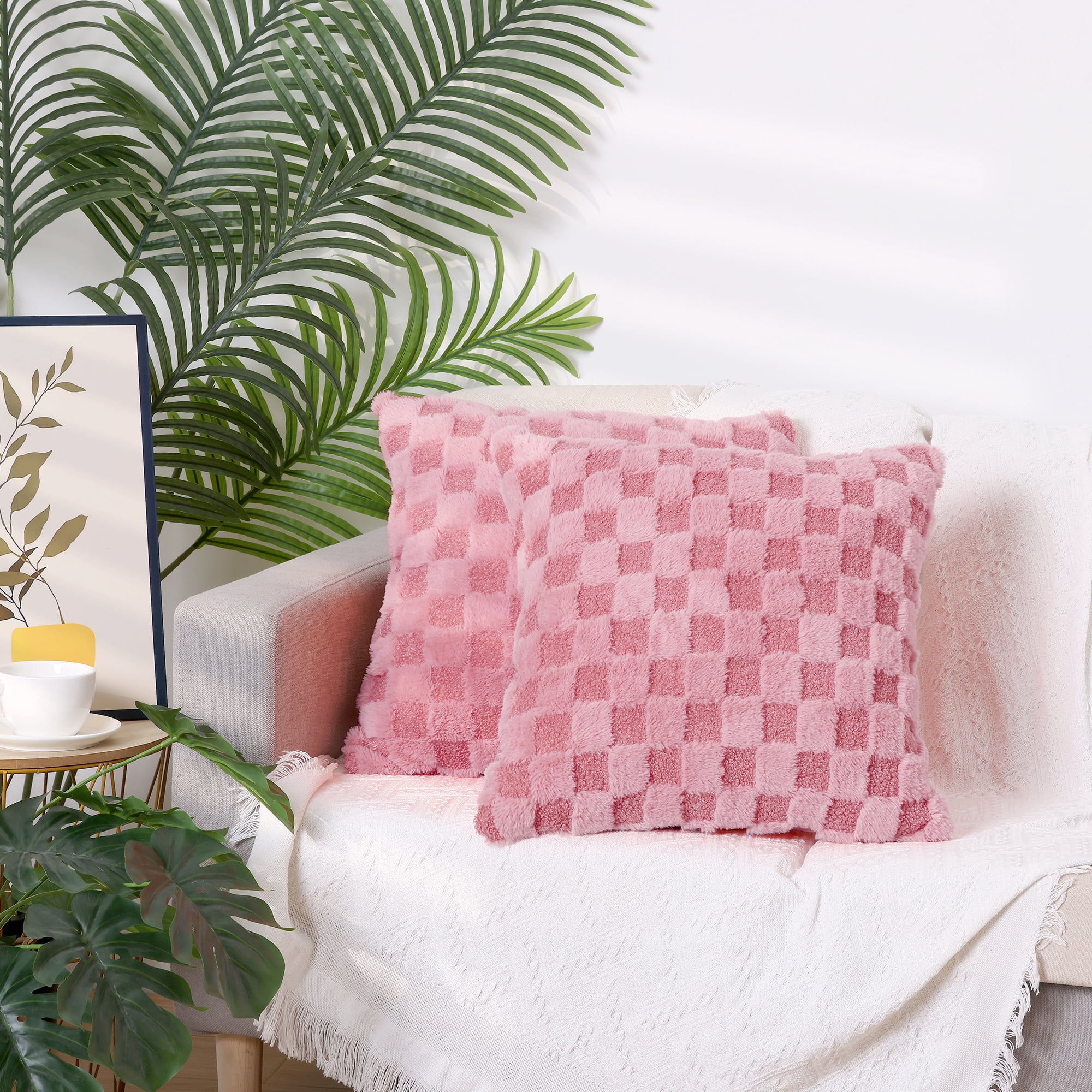 Unique Bargains 2 Faux Fur Soft Plaid Decorative Throw Pillow Covers Square Pillowcase Pink 18" x 18"