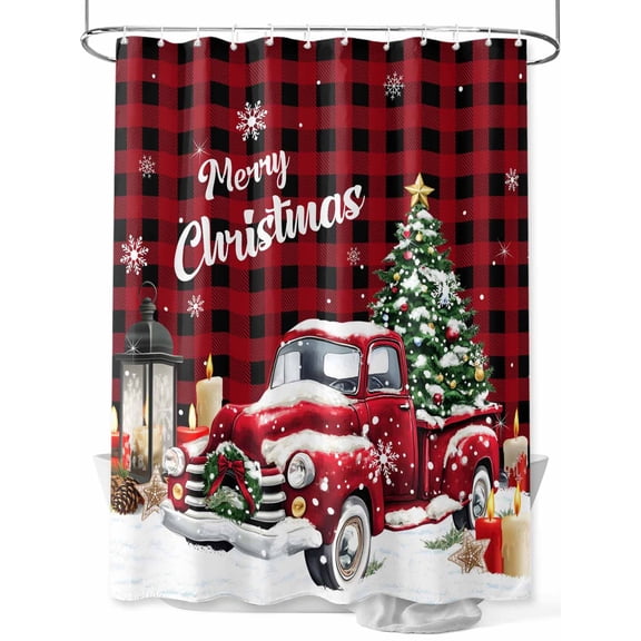 Fsddascl Red Plaid Truck Christmas Shower Curtain Set - Small 36" x 72" Washable Bathtub Curtain with 12 Hooks, Xmas Tree Snowflake Gifts Winter Waterproof Fabric Stall Shower Curtains for Bathroom