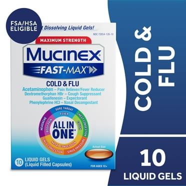 Mucinex Fast-Max Cold and Flu Medicine, Chest Congestion, Cough, Sore Throat, 10 Liquid Gels