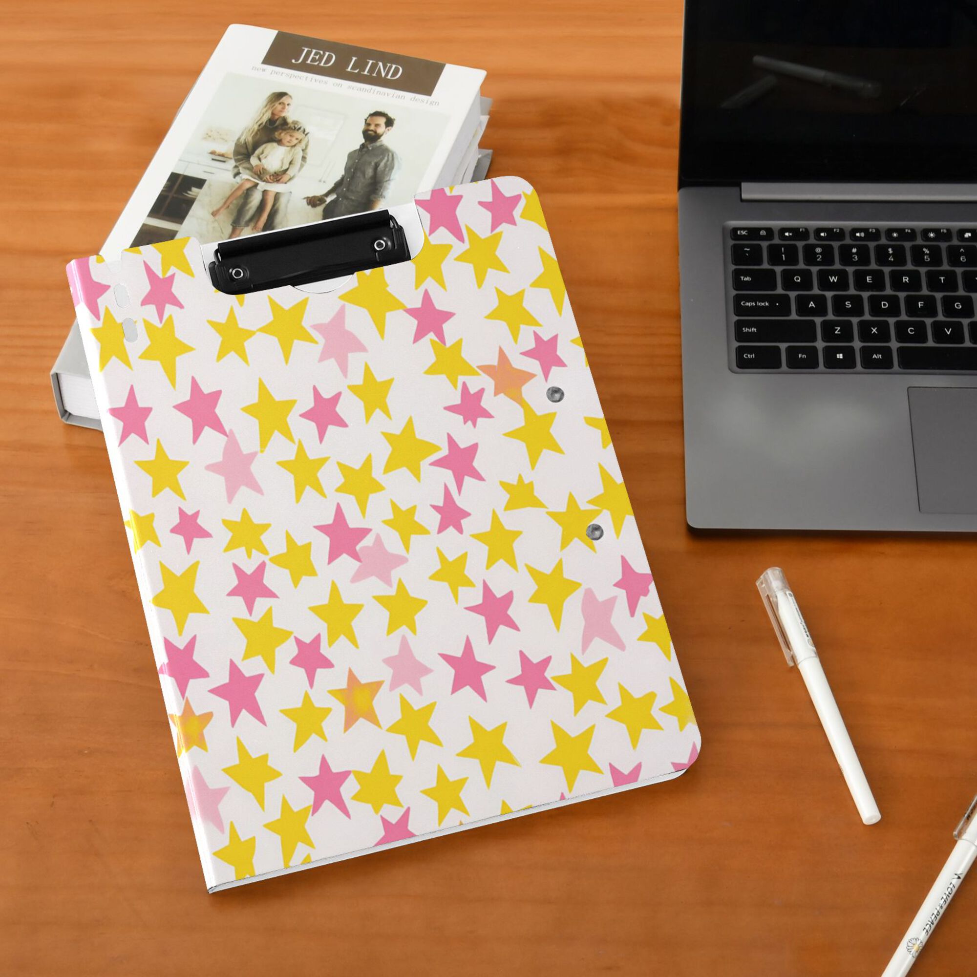 FORMRS A4 Clipboard Folder with Pen Holder Horizontal Foldable School Office Binder, White Stars Pattern