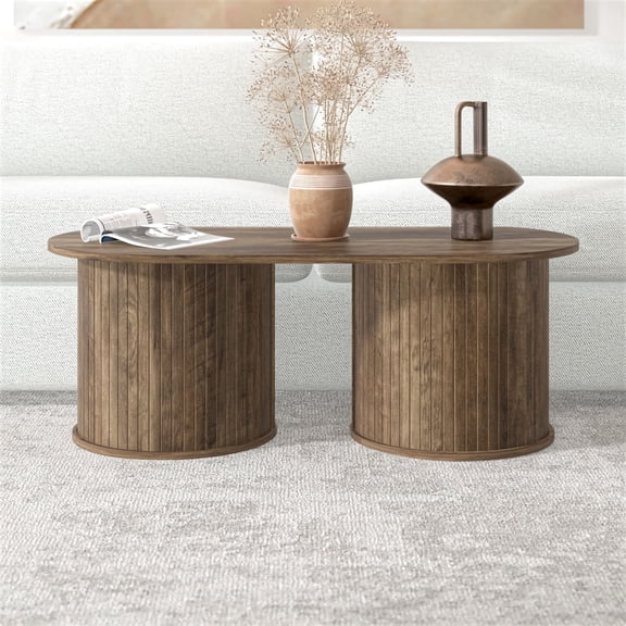 STYLIVIA Fluted Oblong Coffee Table Wooden Oval Design Travertine 39.2" W x 19.5" D x 14.9" H