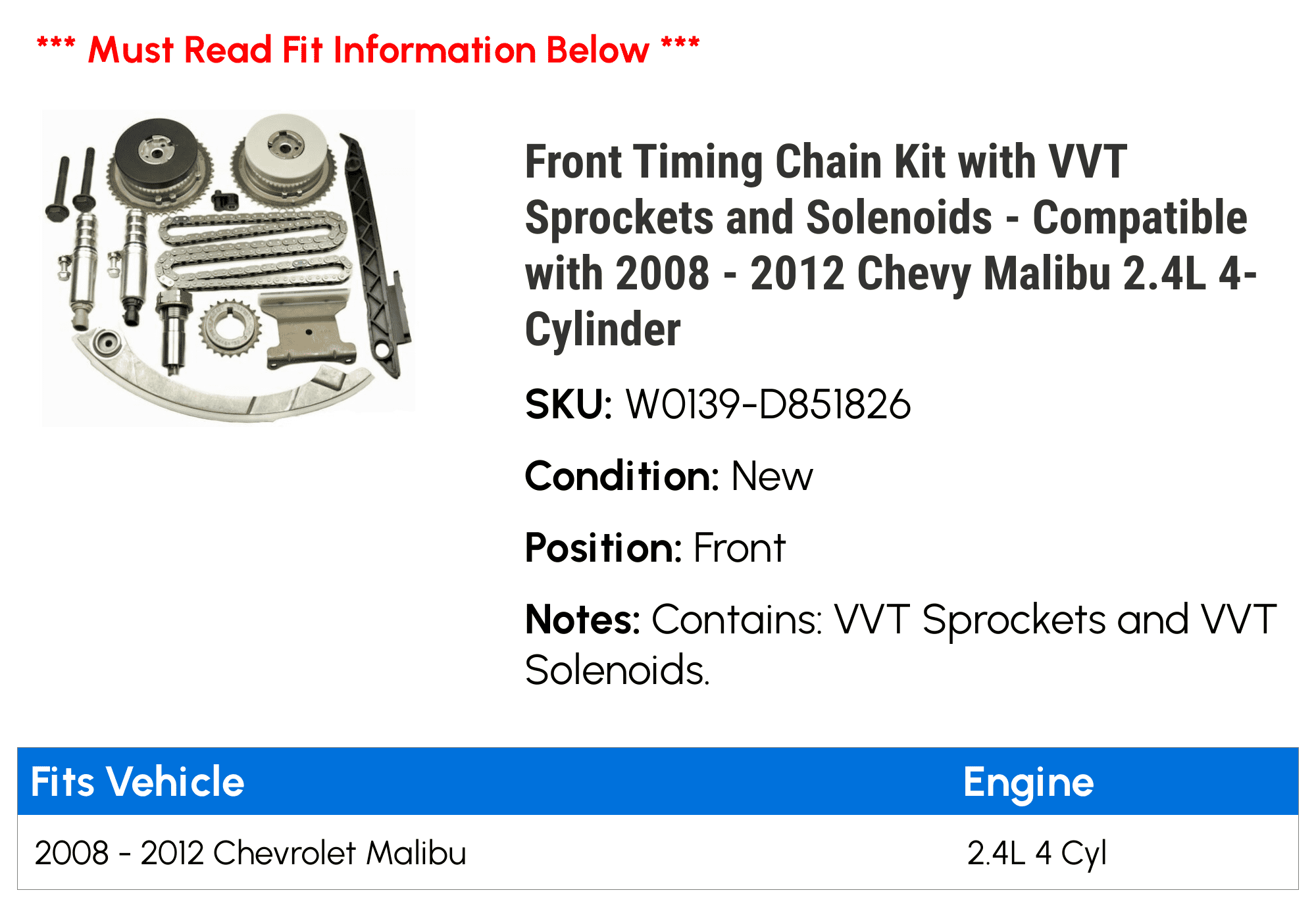 Front Timing Chain Kit with VVT Sprockets and Solenoids - Compatible with 2008 - 2012 Chevy Malibu 2.4L 4-Cylinder 2009 2010 2011