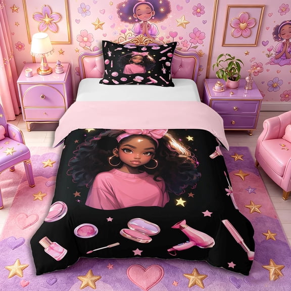 Castle Fairy Glam Black Girl Twin Duvet Cover,Stars Print Twin Bedding,Pink Black,Pink Reversible,1 Duvet Cover and 1 Pillowcase