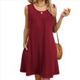 thumbnail image 1 of Vestido de Verano para Mujer, Color Liso, Cuello Redondo, Plisado, Sin Mangas, con Bolsillos, Color Vino Tinto, Talla L, 1 of 9