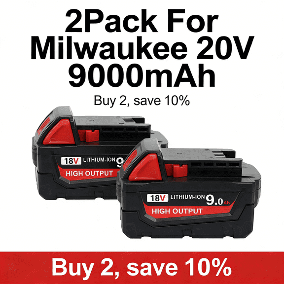 AERDU ForMilwauke M18 9.0Ah 18V Extended Capacity Battery Pack (48-11-1852) – 2-Pack, High-Performance Batteries for Cordless Power Tool