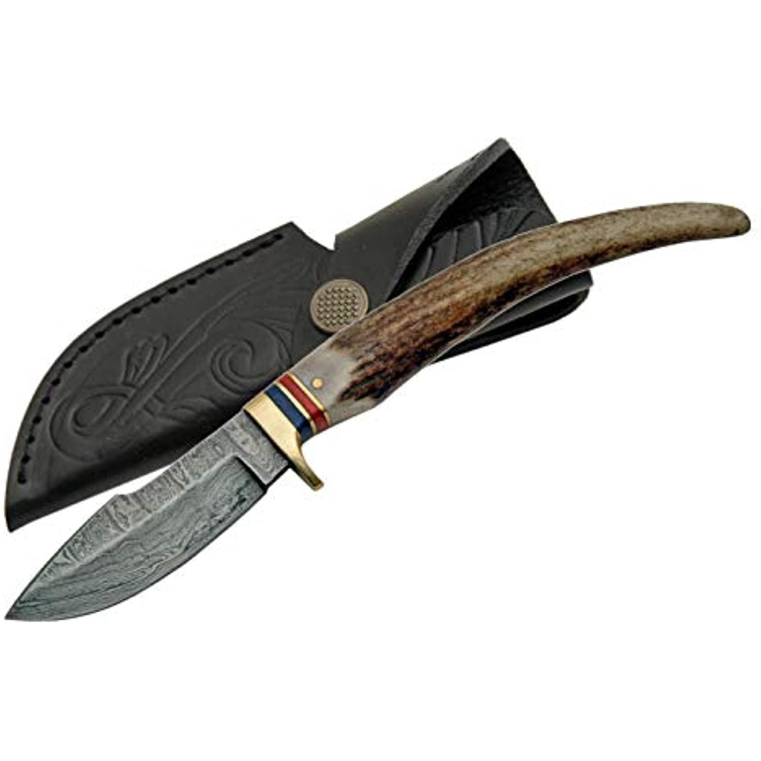 SANZ 8" Damascus Steel Utility Knife with Stag Handle and Leather Sheath, Brown, One Size, DM-1029