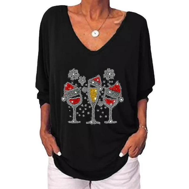 Women Christmas Printed Tunic Tops V Neck Shirts Blouse Plus Size Button T-shirt Tee High Quality