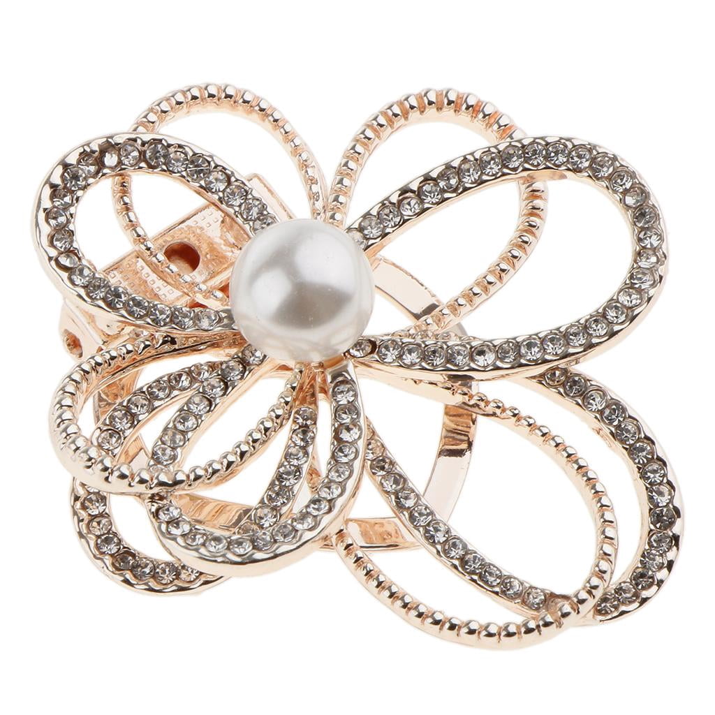 Segolike 4xCrystal Flower with Imitation Pearl Scarf Buckle Brooch 2 in 1 Gold 4 Pcs