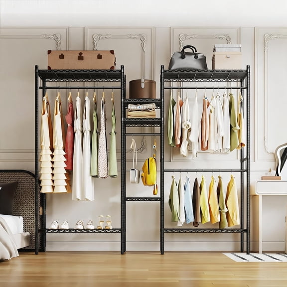Heavy Duty Metal Clothing Rack, Freestanding Wardrobe Closet Shelf Organizer with 4 Adjustable Shelves & 3 Hanging Rods, 1000 LB Capacity for Bedroom, Laundry Room