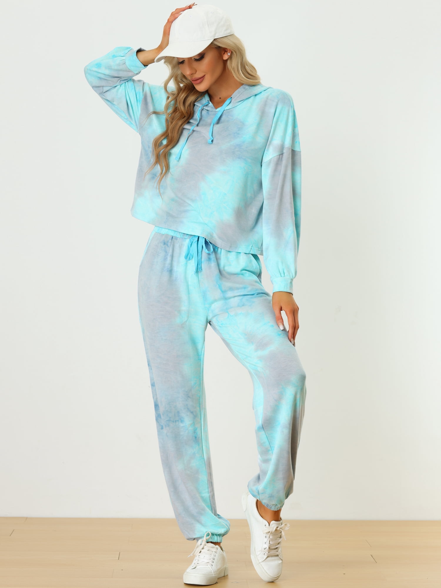 DARING DIVA Women's 2 Piece Tie Dye Hoodie Drawstring Sports Outfit XS Light Blue