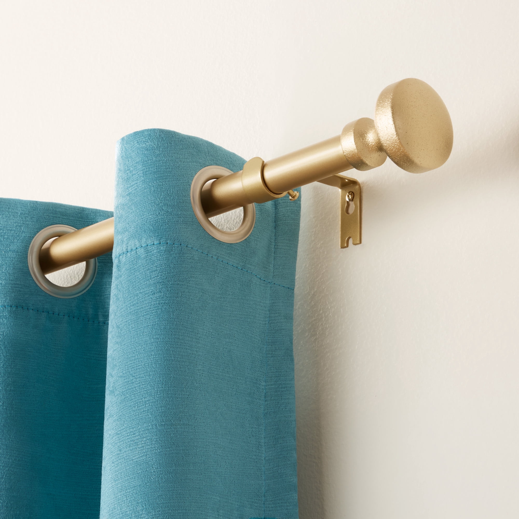 TOWN & COUNTRY EVERYDAY Modern Rounded Cap Single Indoor Curtain Rod and Finial Set, Easy Install Wall Mount, Matte Gold, Adjustable 36”-72”