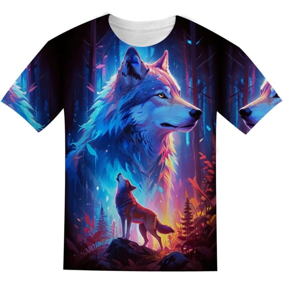 RTKFRFLM Boys 3D Wolf T-Shirt Cool Wildlife Animal Graphic Loose Fit Crewneck Short Sleeve Summer Active Tee 2-13Y
