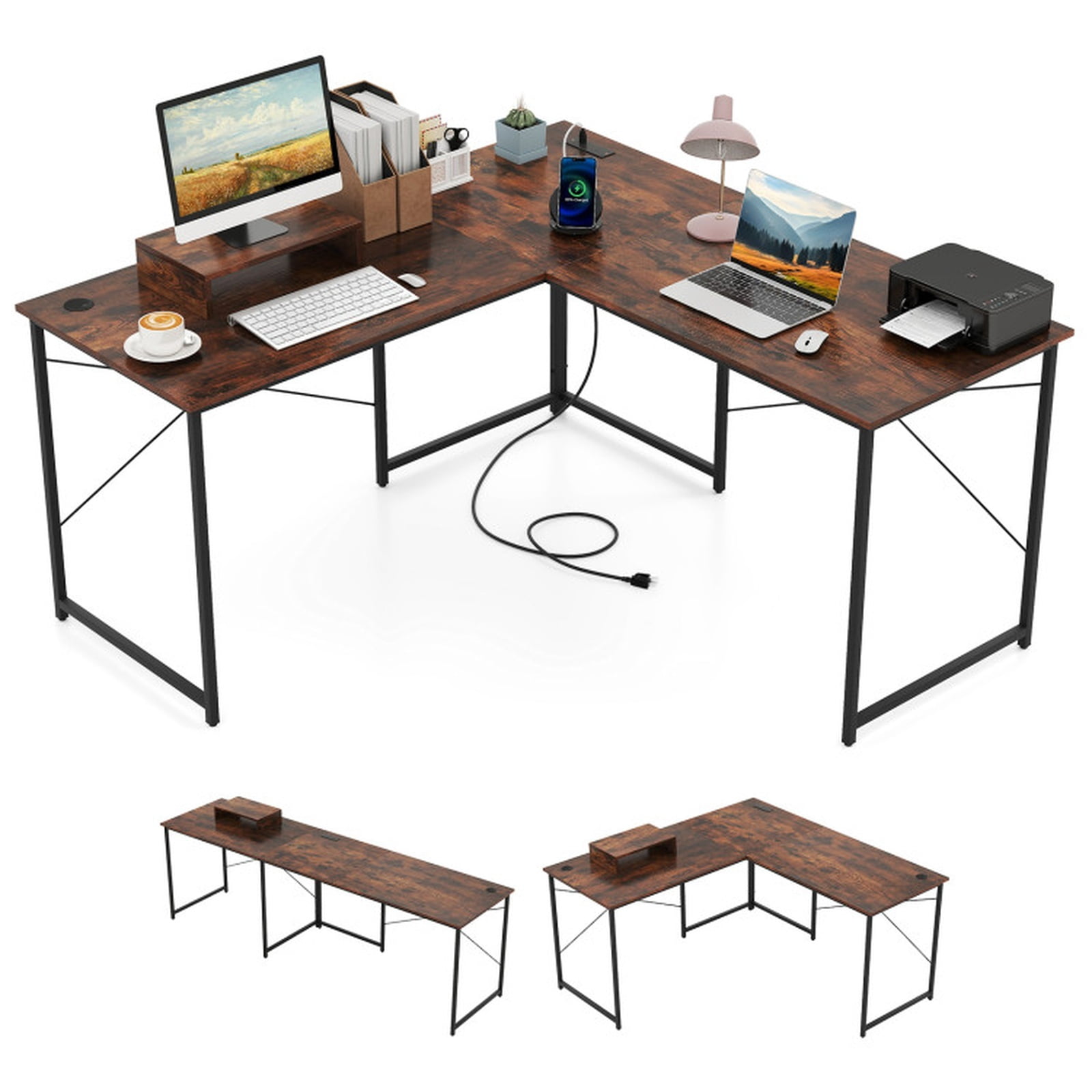 Furnibear 95 Inch 2-Person L-Shaped Reversible Computer Desk with Monitor Stand and Cable Holes for Home Office and Study, Rustic Brown