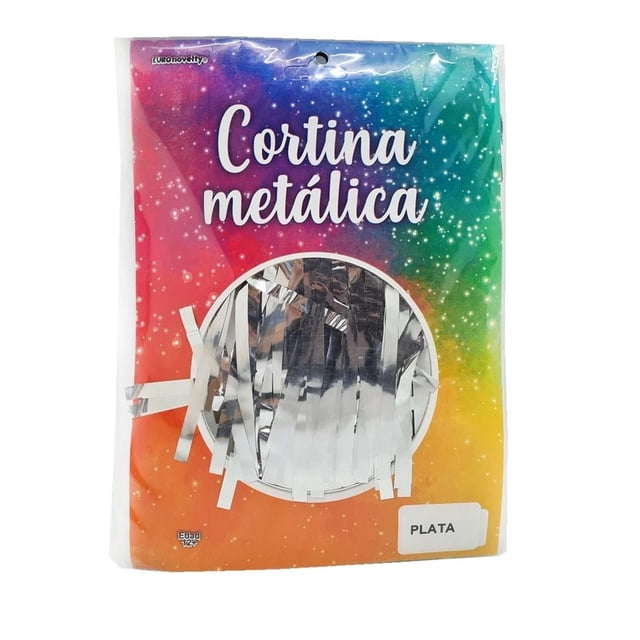 Cortina Euro Novelty metálica color plata con tiras reflectantes para decoración de fiestas y eventos, ideal para crear ambientes festivos y añadir brillo a cualquier celebración, también adecuada para decorar espacios interiores y exteriores.
