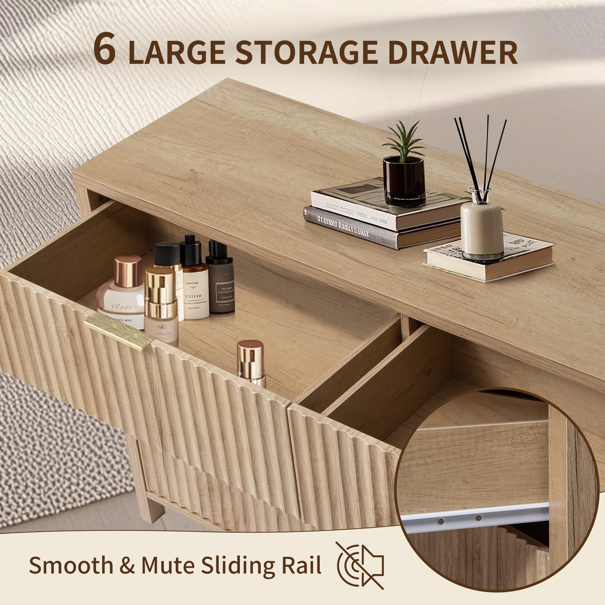 Haverchair 6 Drawer Dresser with Fluted Panel, Wide Chest of Drawers, Curved Wooden Dresser for Closet with Metal Wide Handle, Storage Dresser Organizer for Bedroom, Living Room, Hallway, Natural
