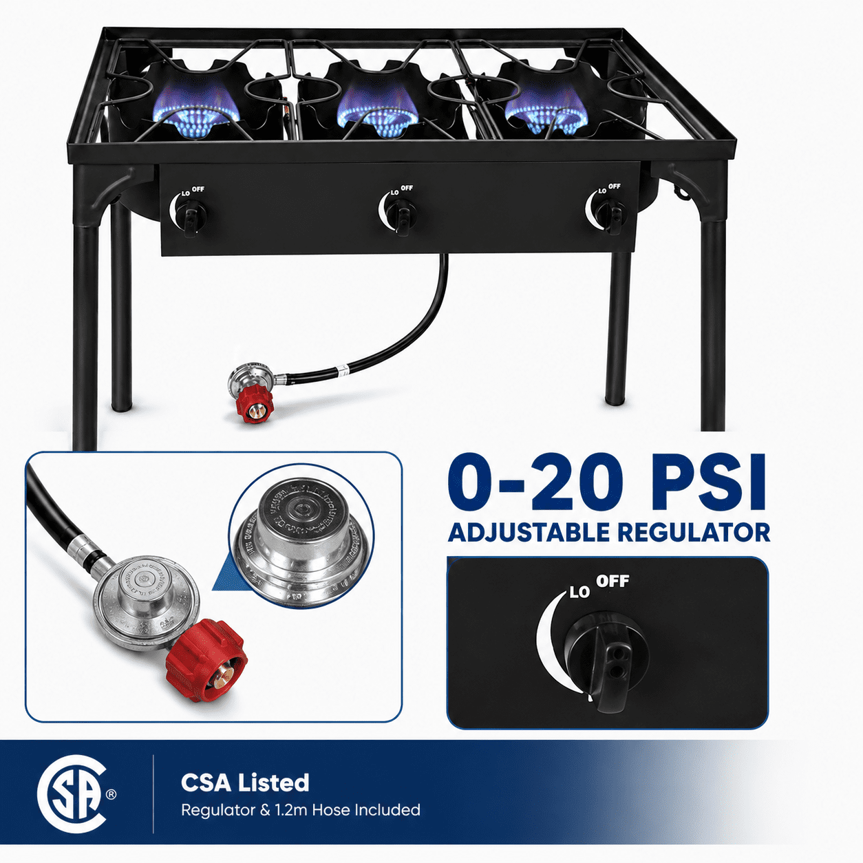 Alvantor 3 Burner Outdoor Gas Stove With Removable Legs, Adjustable 0-20 Psi Regulator, 225000 Btu