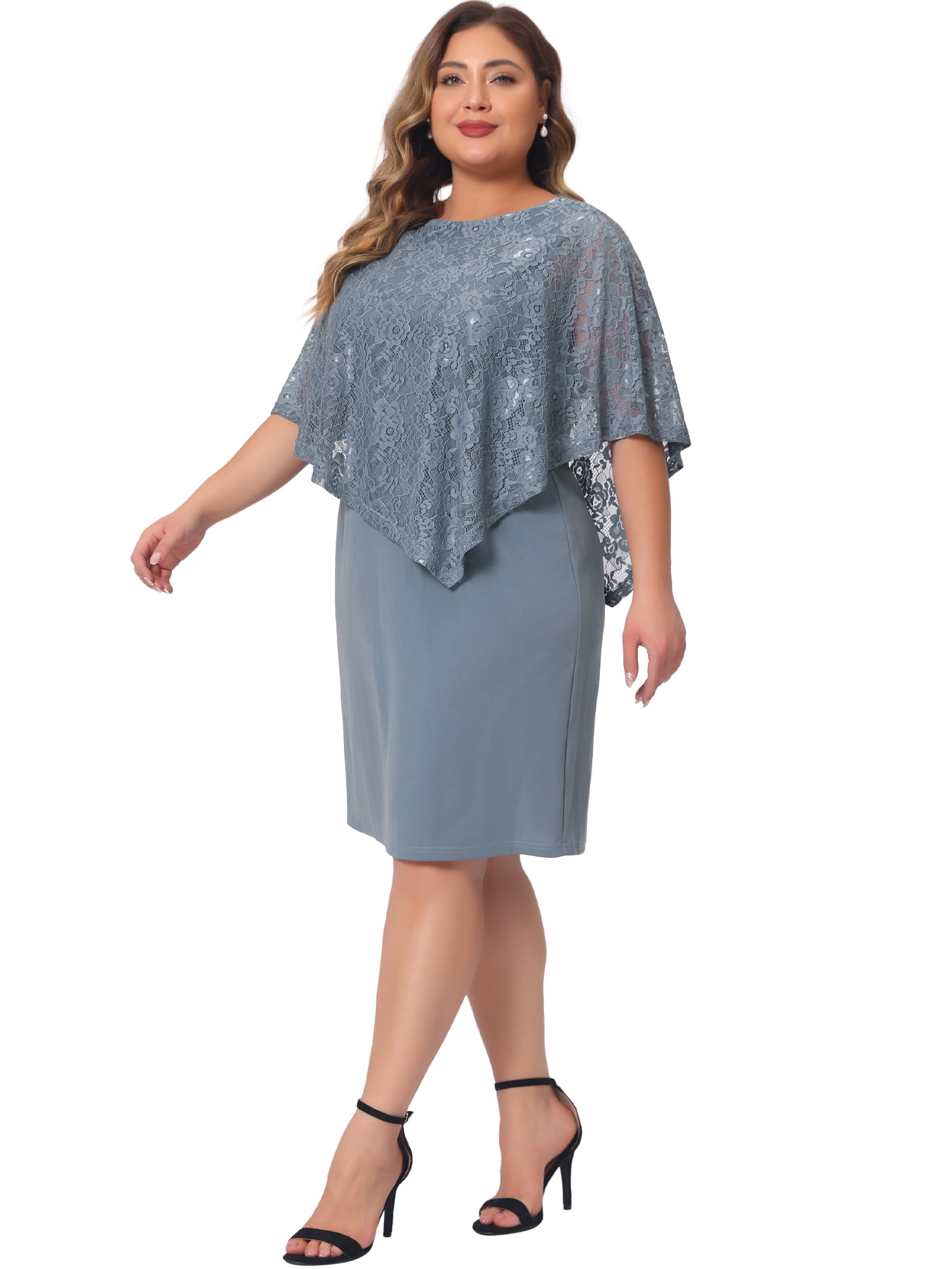 DARING DIVA Women's Plus Size Cape Lace Overlay Dress 2X Gray Blue