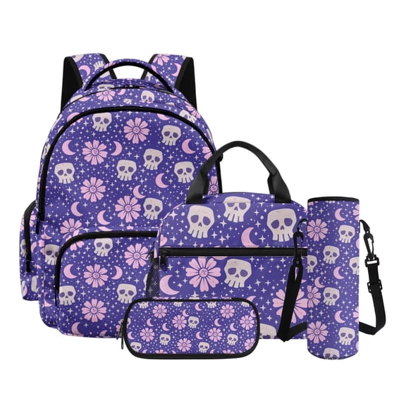 Kuiaobaty Skull Flower Print Backpack Set with Pencil Case for Teens Stars Moon Print Backpack and Lunch Bag Set with Multi Pockets Backpack and Water Bottle Bag for School