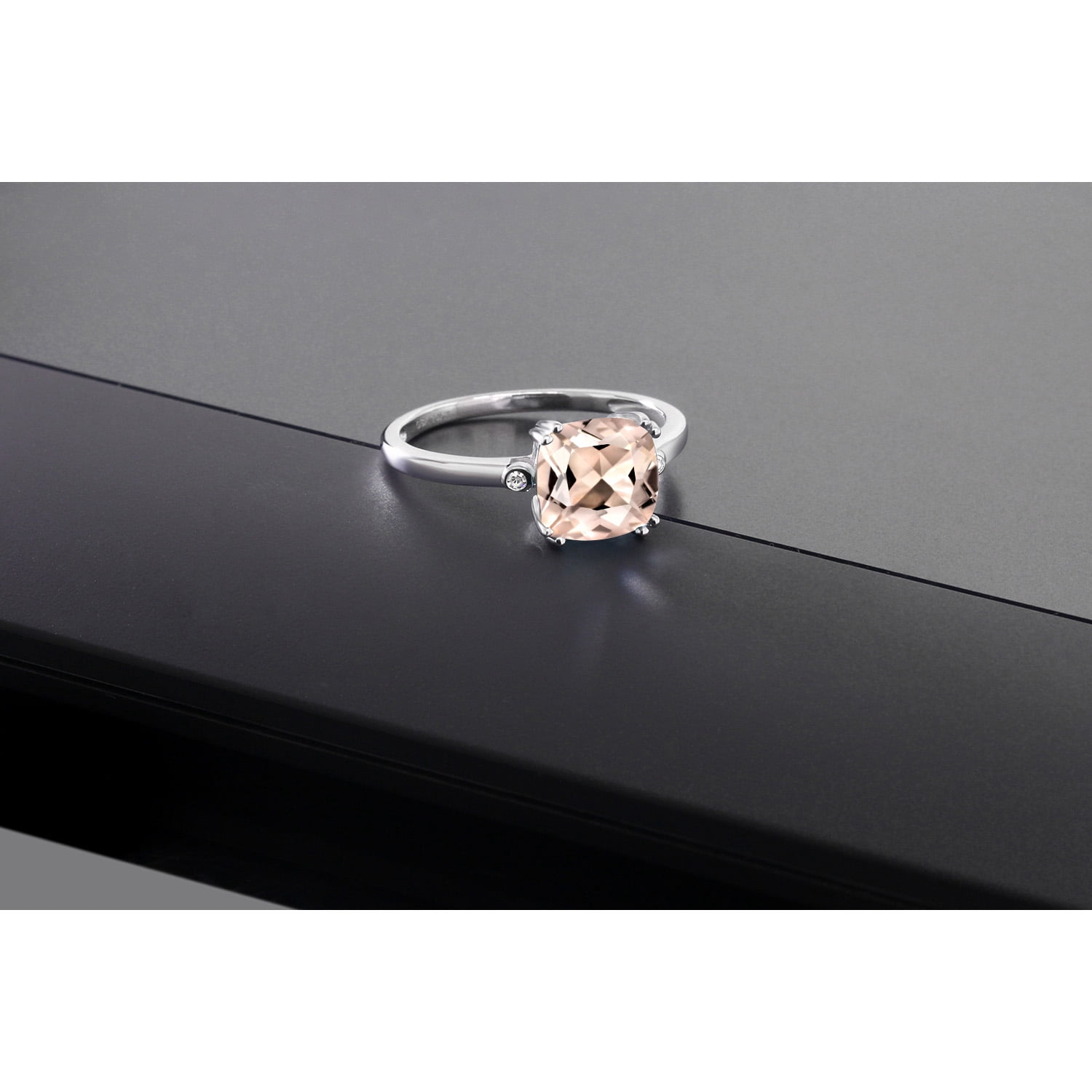 Gem Stone King 1.89 Ct Cushion Peach Morganite White Diamond 10K White Gold Ring