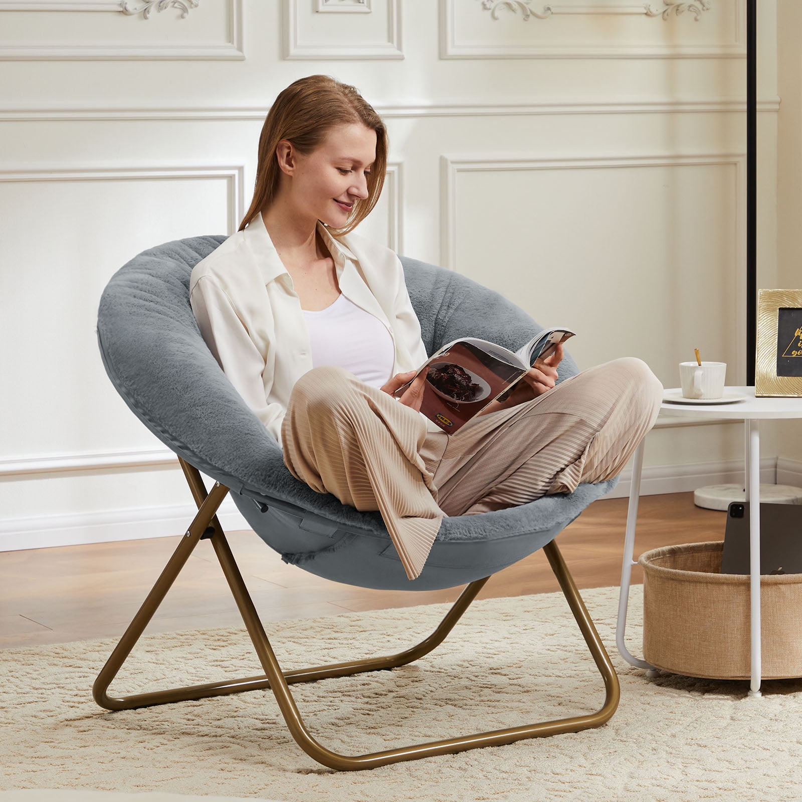 Faux Fur Disc Chair for Living Room and Bedroom, Comfortable Round Lounge Seat, Adult Size