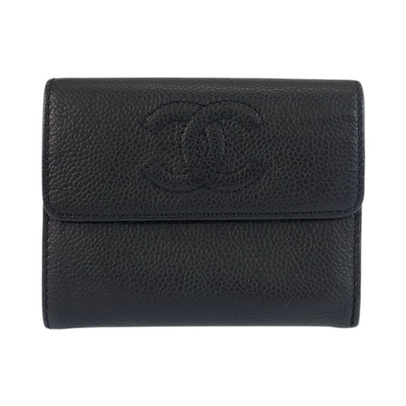 Pre-Owned CHANEL Coco Mark Black Leather Folding Wallet Compact for Women