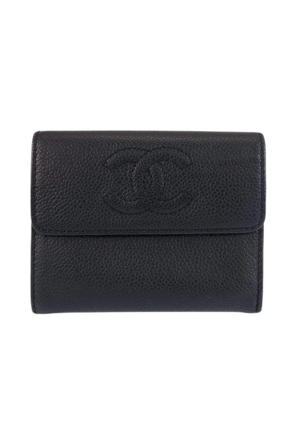 Pre-Owned CHANEL Coco Mark Black Leather Folding Wallet Compact for Women