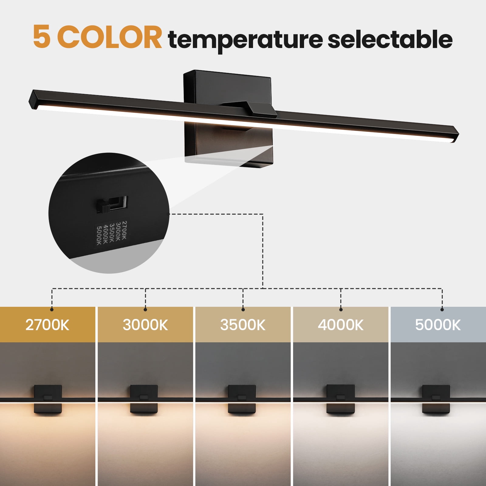 KAISITE Modern Vanity Light 24 inch Wall Sconce with Warm Lighting over Mirror for Bathroom Living Room , Black Waterproof Lamp