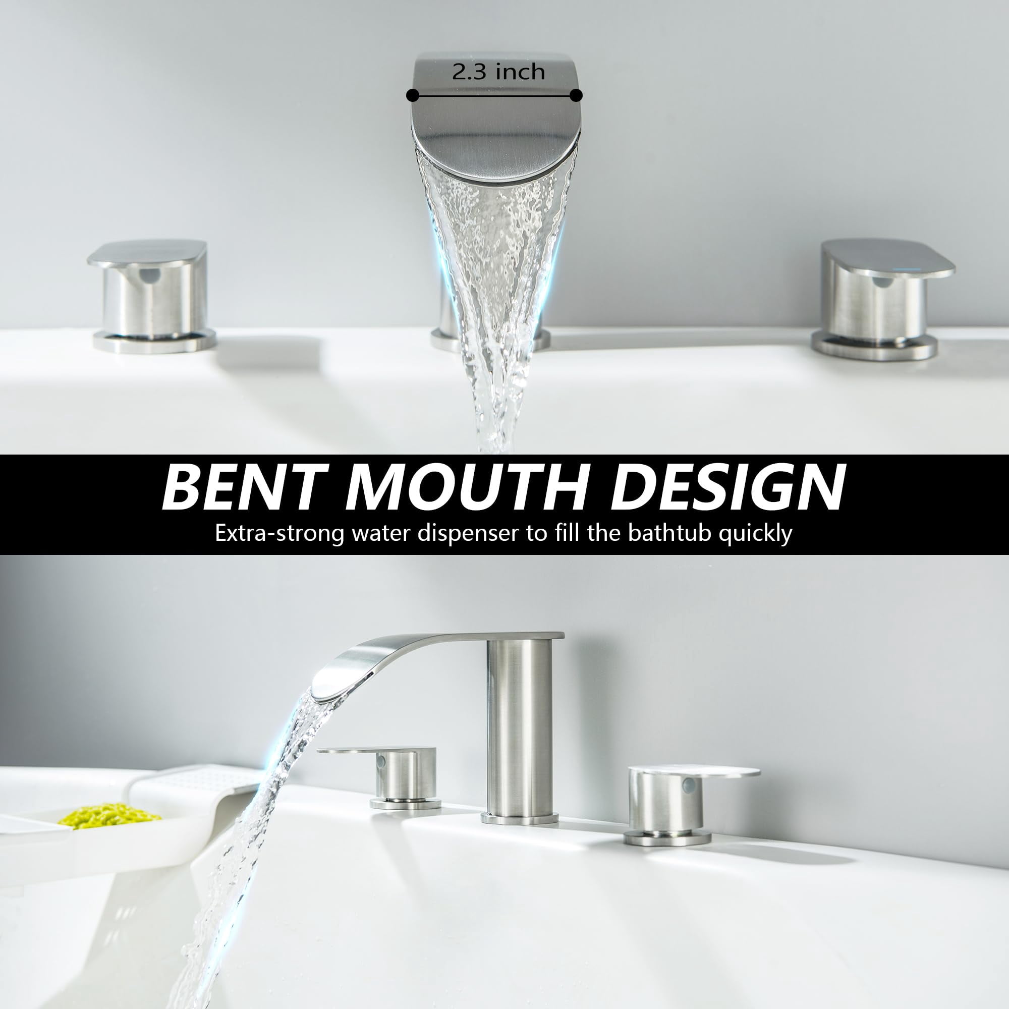 Roman Tub Faucet Brushed Nickel 3 Hole Deck Mount Waterfall Bathtub Faucet Set