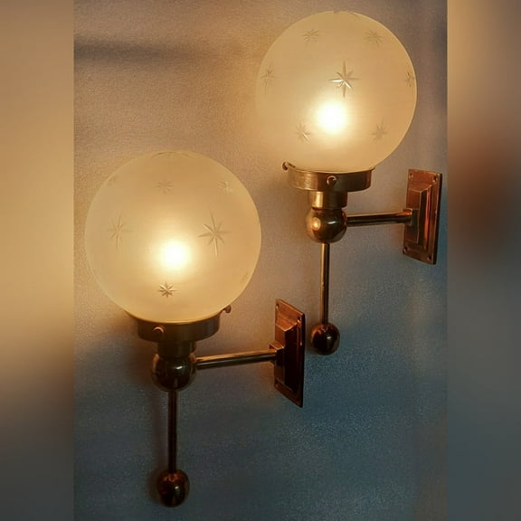 Pair Vintage Art deco light Old Lamp Wall Sconces Fixture Brass & Star Glass Shade Ship Light Antique