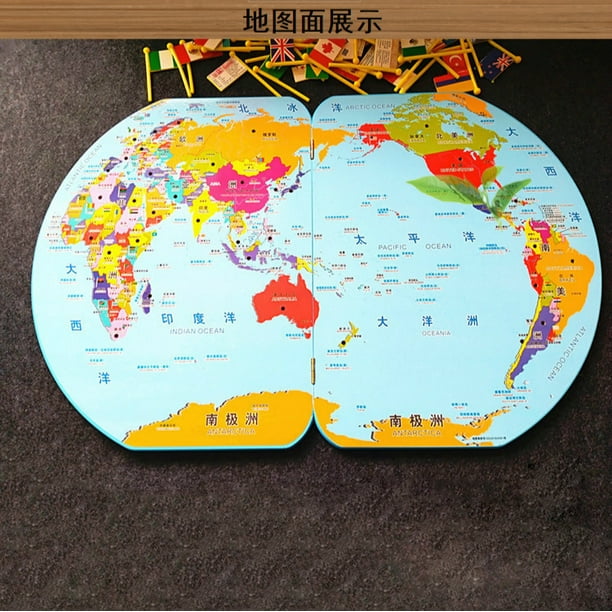 Wooden World Map and 36 Flags Matching Puzzle Geography for