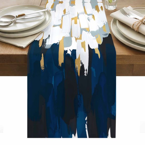 Blue White Table Runner - 108 Inch Long, Kitchen Dining Table Runner Dresser Scarves, Gold Graffiti Painting Art Retro Country Farmhouse Decor for Coffee Tables Wedding Party Banquet