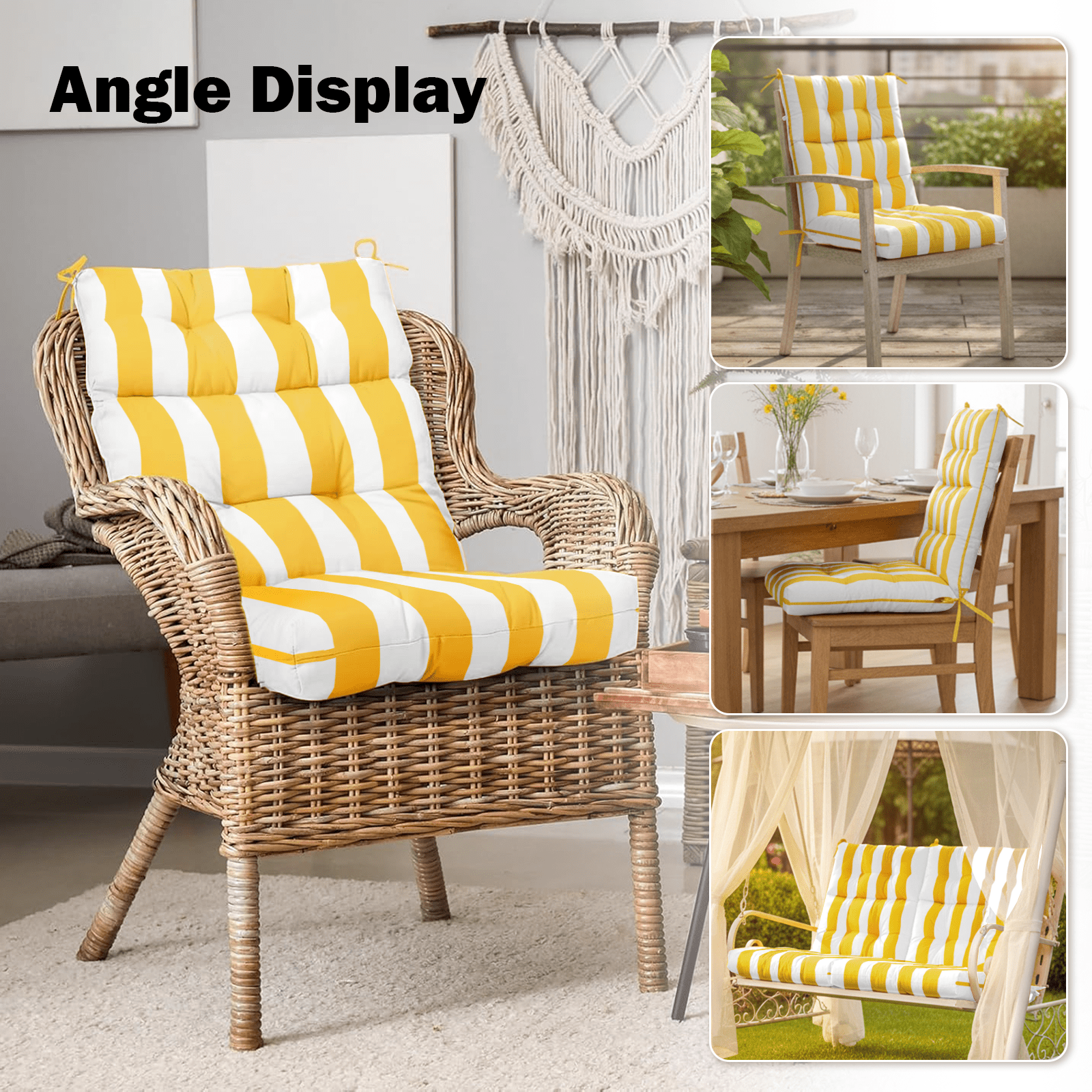 Vacmaster Patio High Back Chair Cushions Set of 2 - Outdoor Dining Chair Pads,Waterproof Replacement Seat Pad,for Rocking and Lounge Chairs,Indoor & Outdoor Furniture Cushions,Bright Yellow Stripes