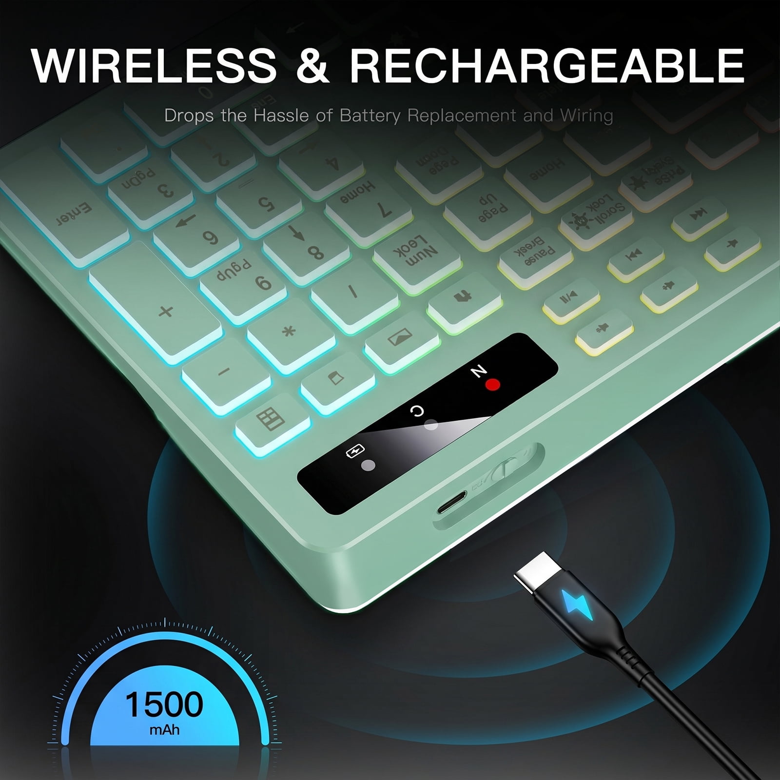 Wireless Keyboard with 7 Color RGB Backlit, Marvo Computer Keyboard with Phone Tablet Holder, Rechargeable 2.4G Wireless Gaming Keyboard with Light Up Keys, Compatible with Mac,Window, Green