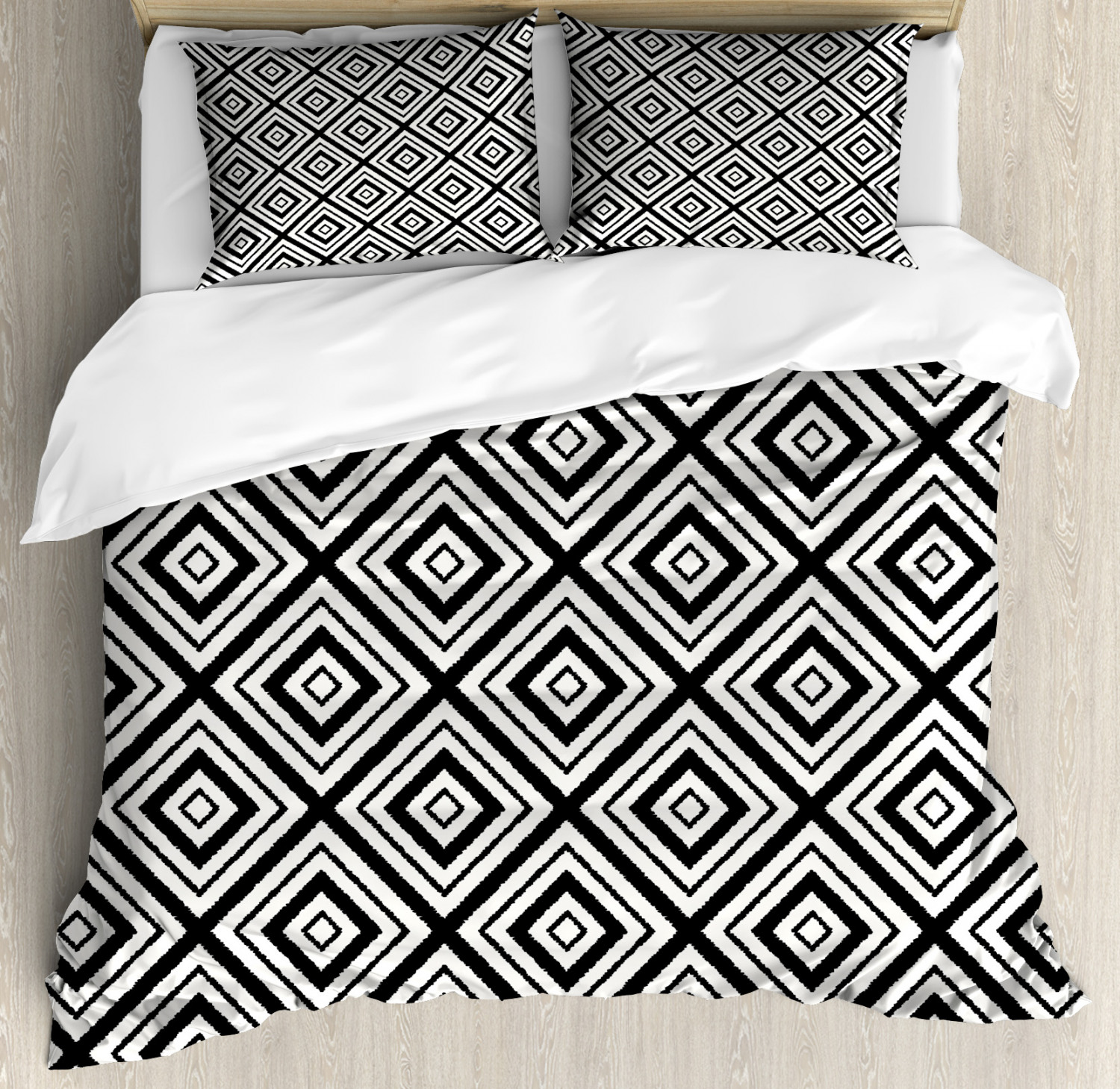 Black and White King Size Duvet Cover Set, Abstract Rhombuses Tracery