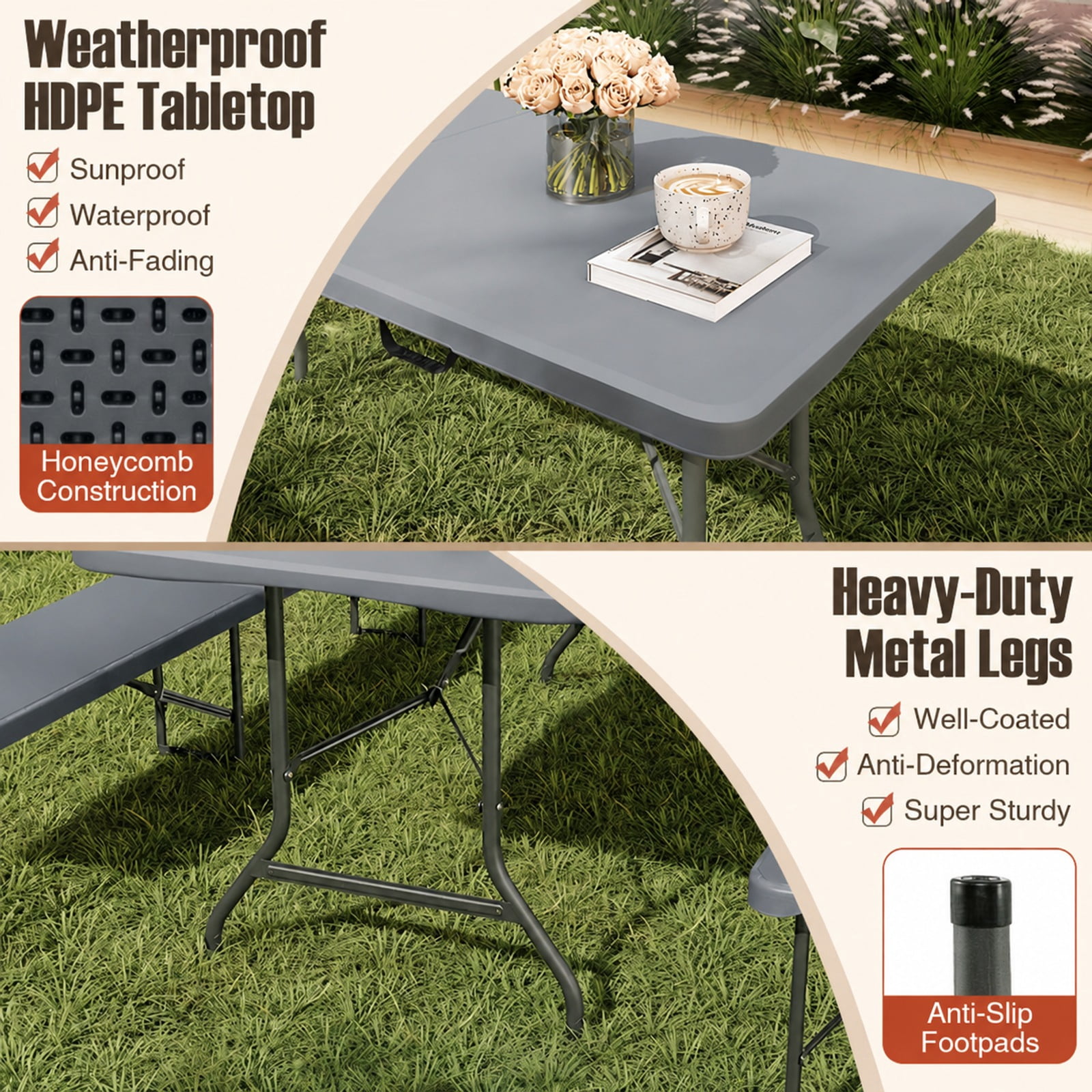Vebreda 6 Foot Portable Folding Table with HDPE Tabletop and Fold in Half Design and Carry Handle for Picnic Party and Outdoor Events, Gray