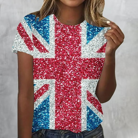 QUNYINEY Womens Tshirts Short Sleeve Casual Crew Neck Independence Day Tops Loose Pullover Shirts