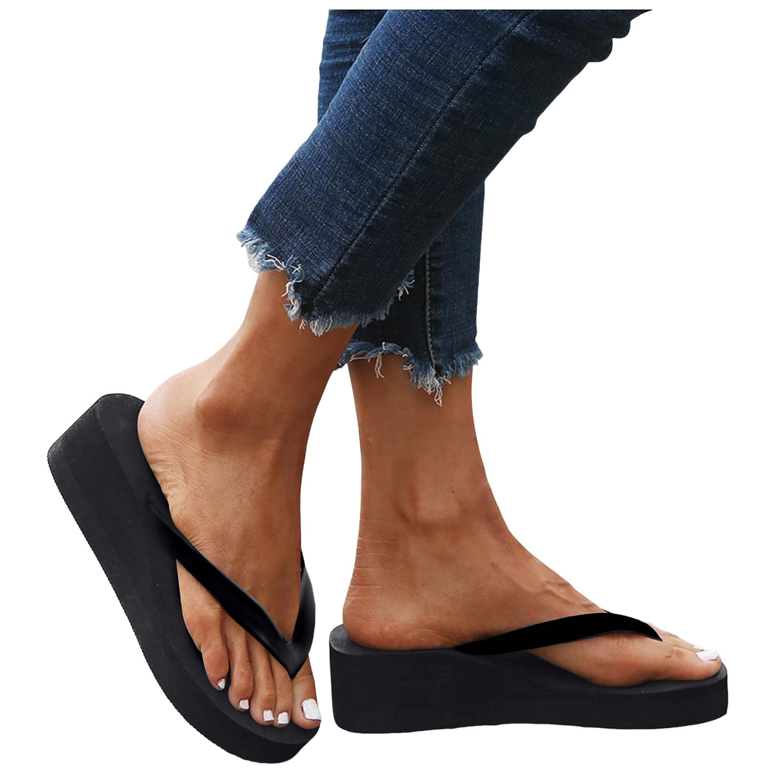 BRICH Wedge Flip Flops for Women Beach Shoes Heighten Wedges Platform Bohemian Slippers Clip Toe Sandals Black 6.5