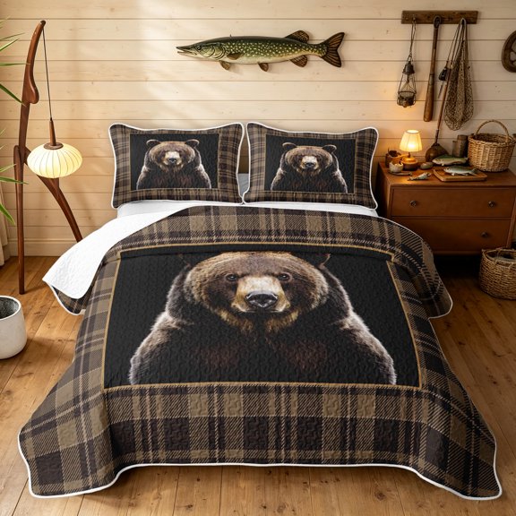 Manfei Vintage Bear Twin Quilt Set, Fashion Buffalo Twin Coverlet Set, Dark Brown Black, Black Reversible, 2-Piece, 1 Bedspread and 1 Pillowcase