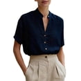 thumbnail image 2 of Linen Shirts for Women Short Sleeve Band Collar V Neck Button Up Summer Blouses Business Casual Office Work Shirts, 2 of 5