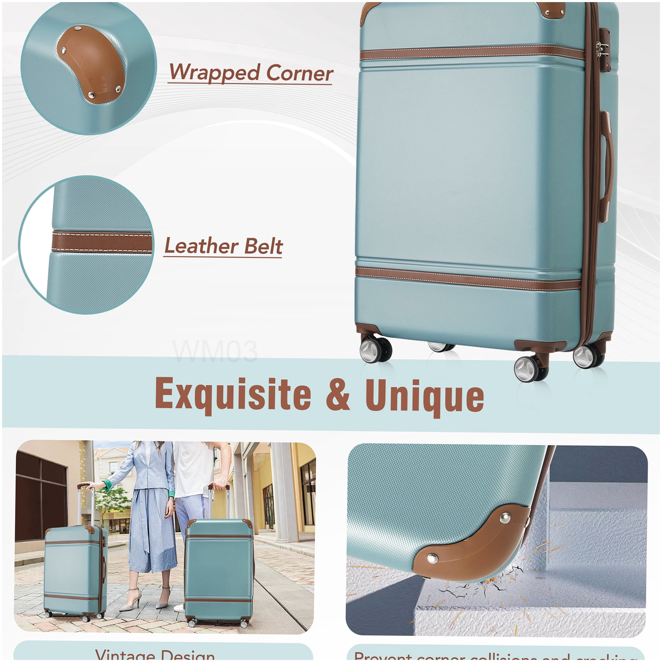3-Piece Lightweight Hardshell Spinner Luggage Set in Green, TSA Lock, 20in & 24in ABS Suitcase with Cosmetic Case